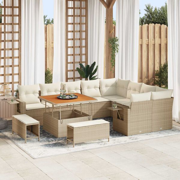vidaXL Gartensofa-set mit Kissen 12 pcs Beige und Creme Poly-Rattan