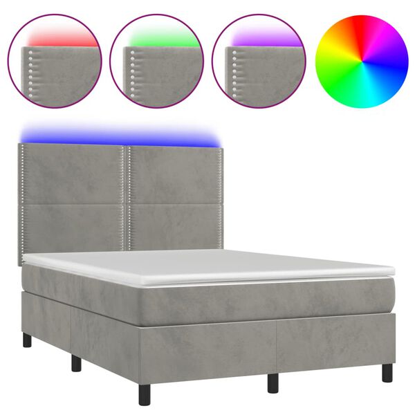vidaXL Boxspringbett mit Matratze & LED Hellgrau 140x190 cm Samt