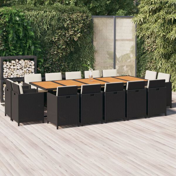 vidaXL 15-tlg. Garten-Essgruppe mit Kissen Poly Rattan Schwarz