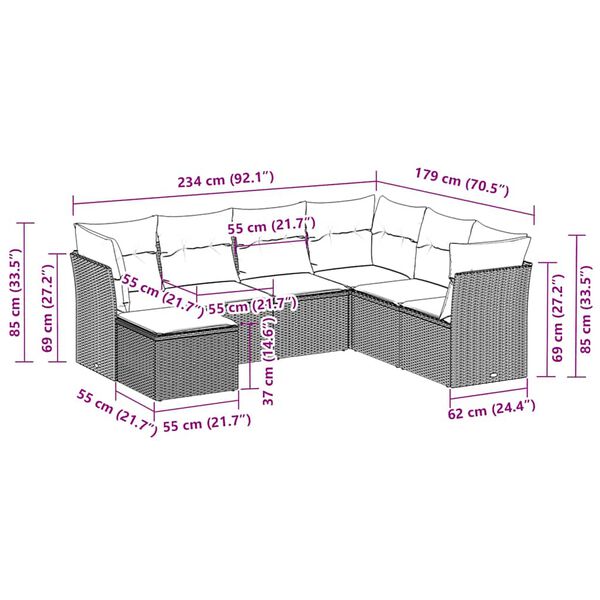 vidaXL 7-tlg. Garten-Sofagarnitur mit Kissen Schwarz Poly Rattan