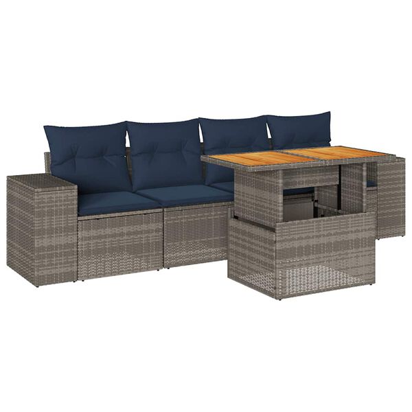 vidaXL 5-tlg. Garten-Sofagarnitur mit Kissen Grau Poly Rattan