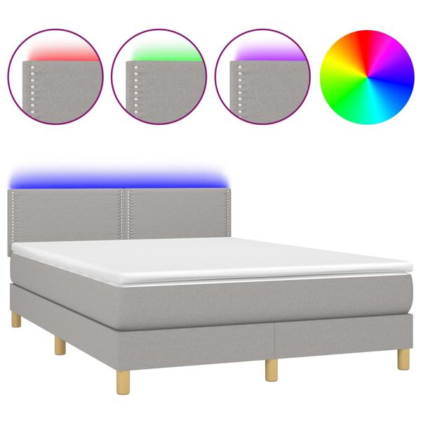 vidaXL Boxspringbett mit Matratze & LED Hellgrau 140x200 cm Stoff