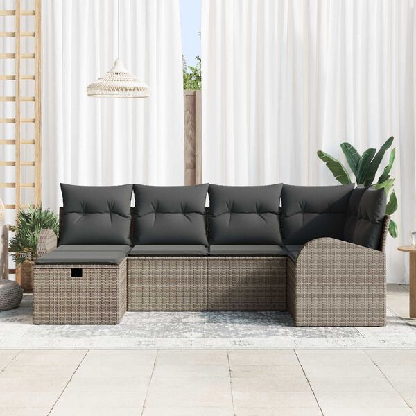 vidaXL Garten-Sofa-Set mit Kissen mit Speicher 6 pcs Grau Poly Rattan