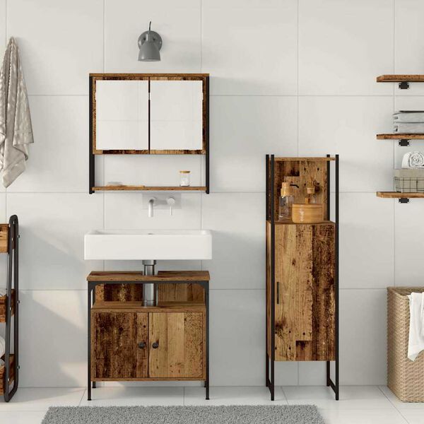 vidaXL Badezimmerm&ouml;bel-Set mit Regal mit T&uuml;r 3 pcs Braun Holzwerkstoff