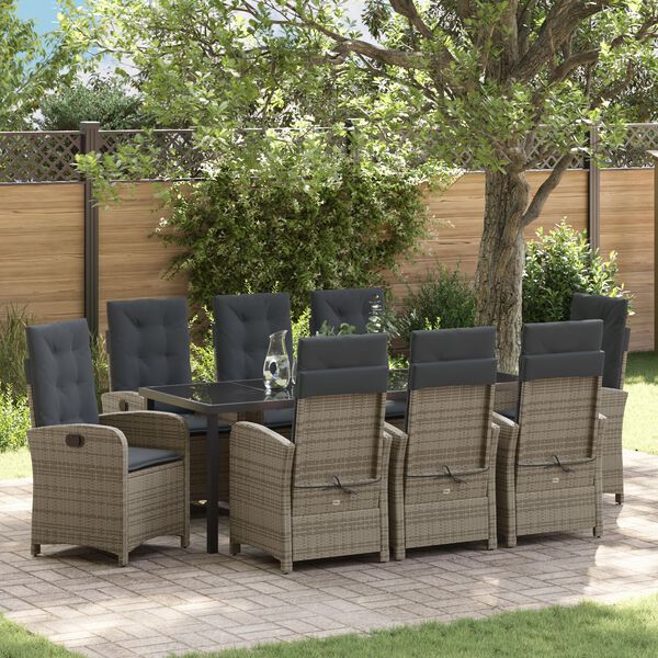 vidaXL Garten Essgruppe mit Kissen 9 pcs Grau Poly-Rattan