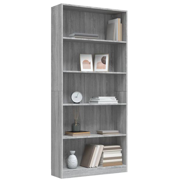 vidaXL B&uuml;cherregal 5 F&auml;cher Grau Sonoma-Eiche 80x24x175 Holzwerkstoff