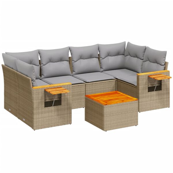 vidaXL 7-tlg. Garten-Sofagarnitur mit Kissen Beige Poly Rattan