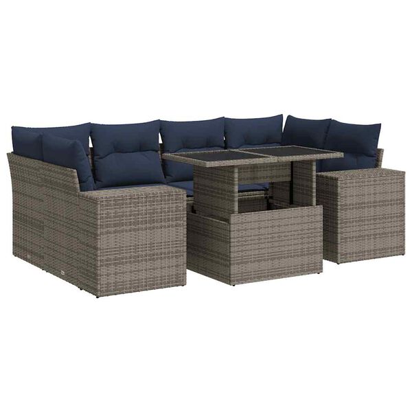 vidaXL 7-tlg. Garten-Sofagarnitur mit Kissen Grau Poly Rattan Akazie