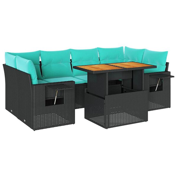 vidaXL 7-tlg. Garten-Sofagarnitur mit Kissen Schwarz Poly Rattan