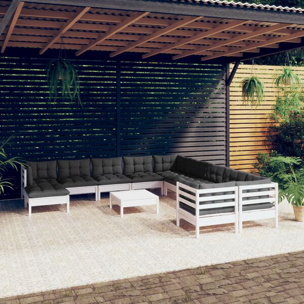 vidaXL 12-tlg. Garten-Lounge-Set mit Kissen Wei&szlig; Kiefernholz