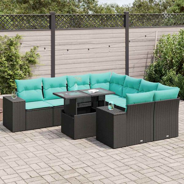vidaXL 9-tlg. Garten-Sofagarnitur mit Kissen Schwarz Poly Rattan