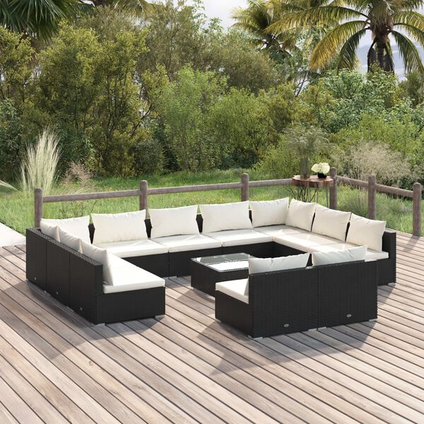 vidaXL 12-tlg. Garten-Lounge-Set mit Kissen Schwarz Poly Rattan