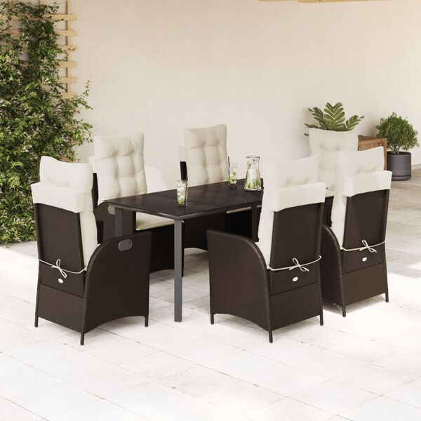 vidaXL 7-tlg. Garten-Essgruppe mit Kissen Braun Poly Rattan