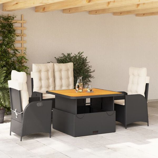 vidaXL 4-tlg. Garten-Essgruppe mit Kissen Schwarz Poly Rattan