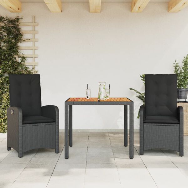 vidaXL 3-tlg. Garten-Essgruppe mit Kissen Schwarz Poly Rattan