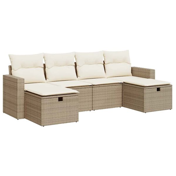 vidaXL 6-tlg. Garten-Sofagarnitur mit Kissen Beige Poly Rattan