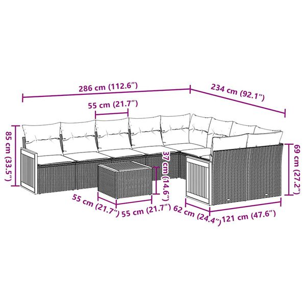 vidaXL 10-tlg. Garten-Sofagarnitur mit Kissen Schwarz Poly Rattan