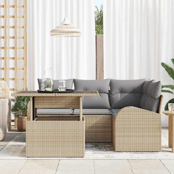 vidaXL Garten-Sofa-Set mit Kissen mit Speicher 5 pcs Beige Poly Rattan