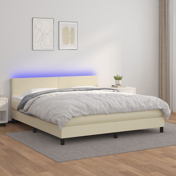 vidaXL Boxspringbett mit Matratze & LED Creme 160x200 cm Kunstleder
