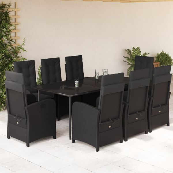 vidaXL 9-tlg. Garten-Essgruppe mit Kissen Schwarz Poly Rattan