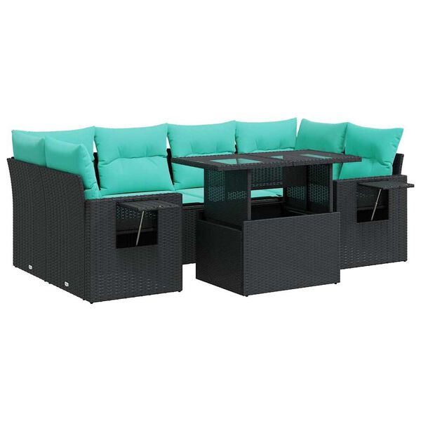 vidaXL 7-tlg. Garten-Sofagarnitur mit Kissen Schwarz Poly Rattan Akazie