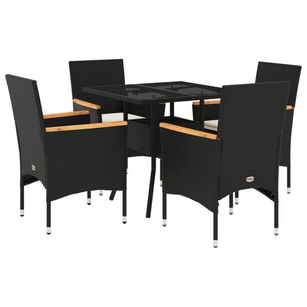 vidaXL 5-tlg. Garten-Essgruppe mit Kissen Schwarz Poly Rattan und Glas