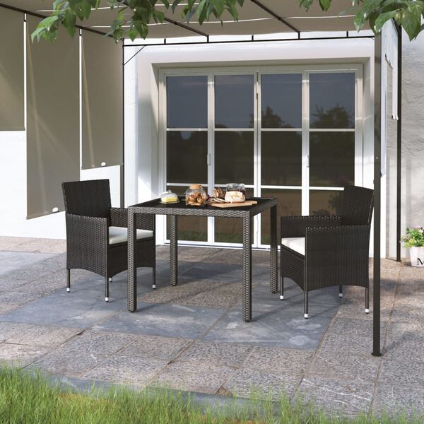 vidaXL 3-tlg. Garten-Essgruppe Poly Rattan und Hartglas Schwarz
