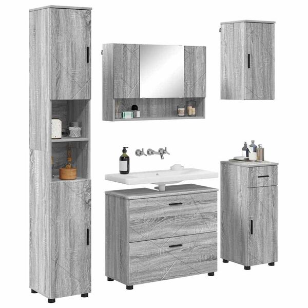 vidaXL Badezimmermöbel Set mit Tür 5 pcs Grau Sonoma 30 x 35 x 192 cm