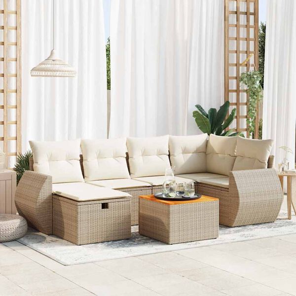 vidaXL 7-tlg. Garten-Sofagarnitur mit Kissen Beige Poly Rattan
