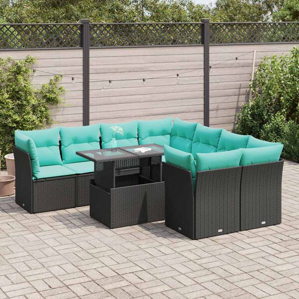 vidaXL 9-tlg. Garten-Sofagarnitur mit Kissen Schwarz Poly Rattan