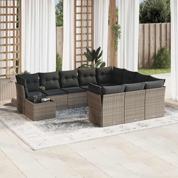 vidaXL 11-tlg. Garten-Sofagarnitur mit Kissen Grau Poly Rattan