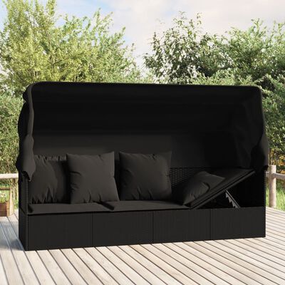 vidaXL Outdoor-Loungebett mit Dach und Kissen Schwarz Poly Rattan