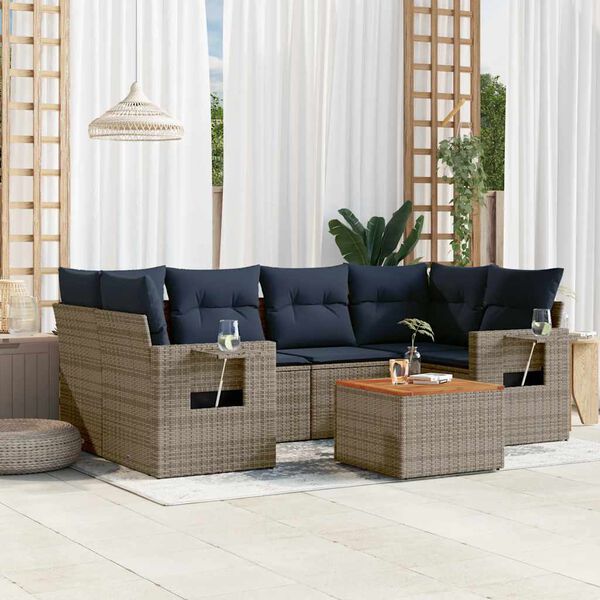 vidaXL 7-teiliges Gartensofa-Set mit Kissen, grau, Polyrattan