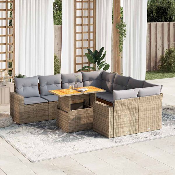 vidaXL 9-tlg. Garten-Sofagarnitur mit Kissen Beige Poly Rattan