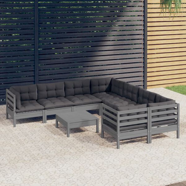 vidaXL 9-tlg. Garten-Lounge-Set mit Kissen Grau Kiefernholz