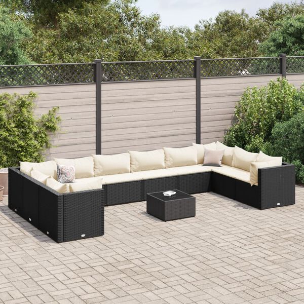 vidaXL 11-tlg. Garten-Lounge-Set mit Kissen Schwarz Poly Rattan