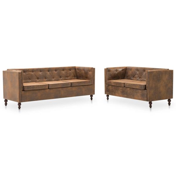 vidaXL Chesterfield Sofa-Set 2-tlg. Stoffpolsterung Braun Wildlederoptik