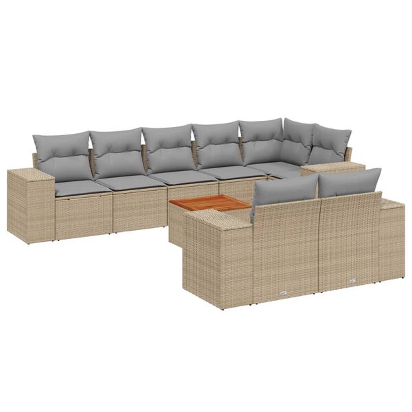 vidaXL 9-tlg. Garten-Sofagarnitur mit Kissen Beige Poly Rattan