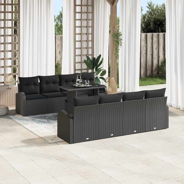 vidaXL Gartensofa-set mit Kissen mit Kissen 9 pcs Schwarz Poly Rattan