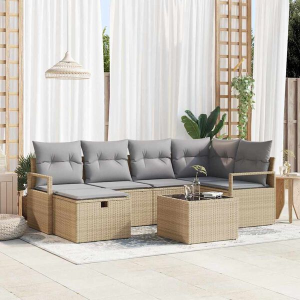 vidaXL Sofa Set mit Kissen 7 pcs Beige und Hellgrau Poly-Rattan