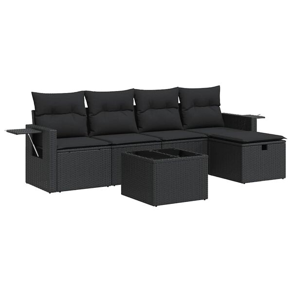 vidaXL 6-tlg. Garten-Sofagarnitur mit Kissen Schwarz Poly Rattan