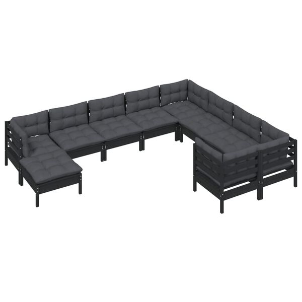 vidaXL 10-tlg. Garten-Lounge-Set mit Kissen Schwarz Kiefernholz