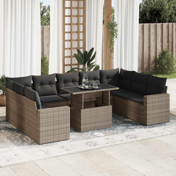 vidaXL 10-tlg. Garten-Sofagarnitur mit Kissen Grau Poly Rattan