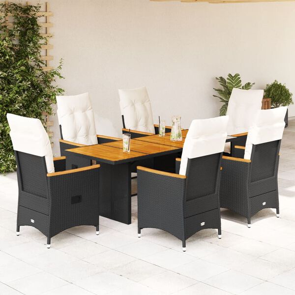 vidaXL 7-tlg. Garten-Essgruppe mit Kissen Schwarz Poly Rattan