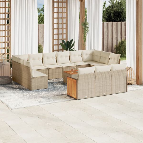 vidaXL 14-tlg. Garten-Sofagarnitur mit Kissen Beige Poly Rattan