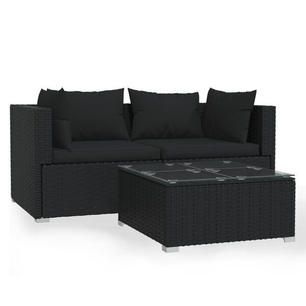 vidaXL 3-tlg. Garten-Lounge-Set mit Kissen Schwarz Poly Rattan