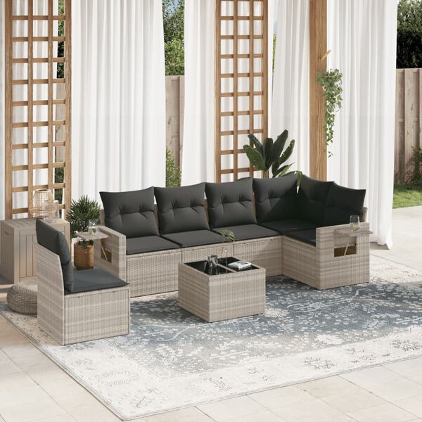 vidaXL 7-tlg. Garten-Sofagarnitur mit Kissen Hellgrau Poly Rattan