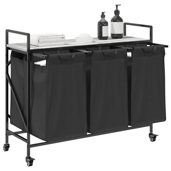 vidaXL Wäschekorb 3 Fächer mit Rollen Grau Sonoma