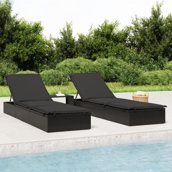 vidaXL Sonnenliegen 2 Stk. mit Tisch Schwarz Poly Rattan