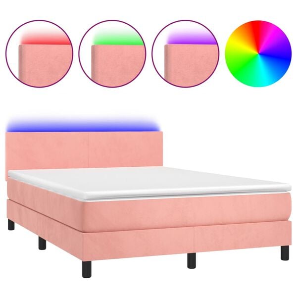 vidaXL Boxspringbett mit Matratze & LED Rosa 140x190 cm Samt